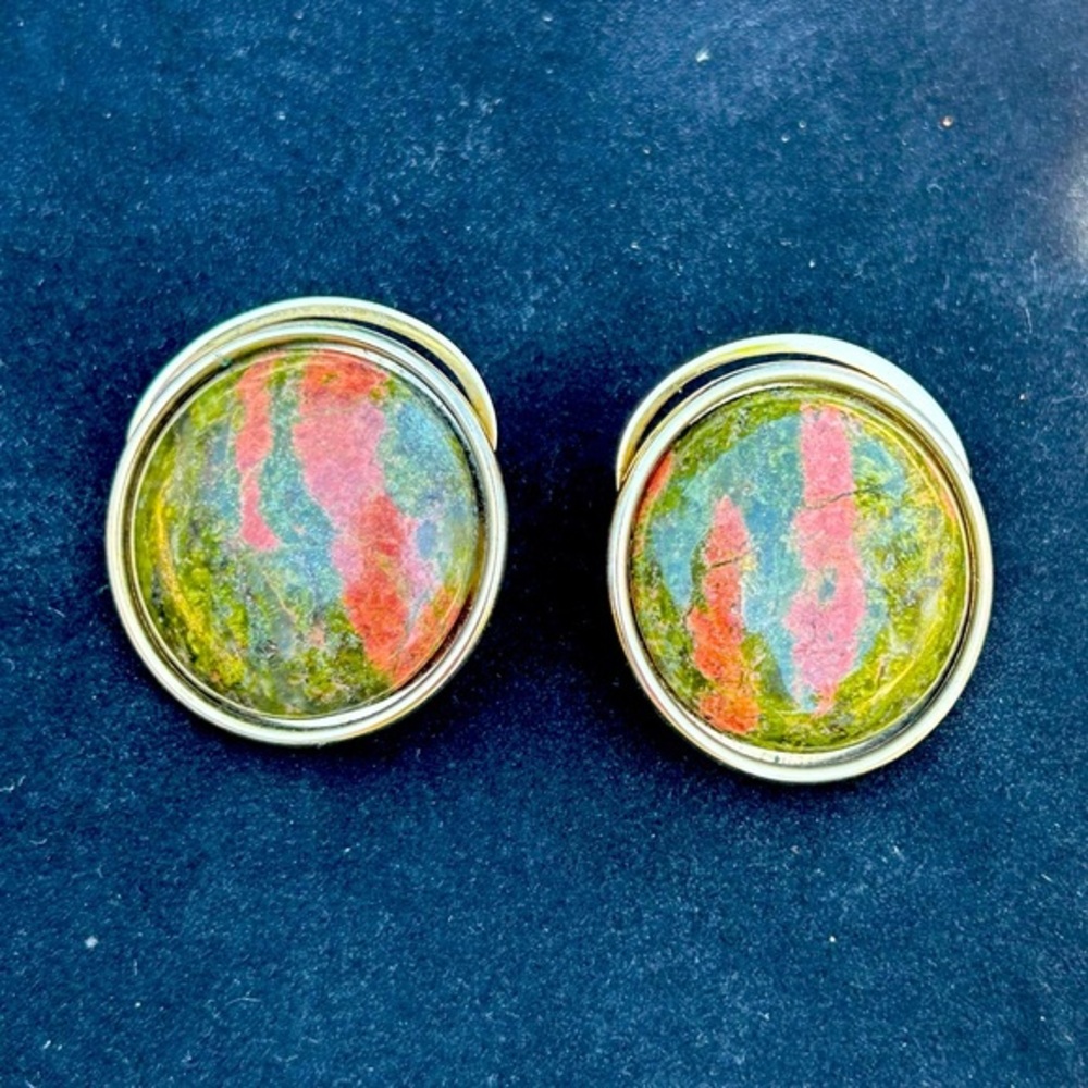 Vintage Unakite Stone Clip On Earrings